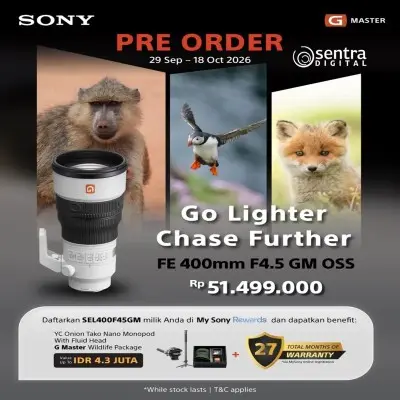 Sony FE 400mm F4.5 GM OSS Hadir di Sentra Digital, Pre-order Sekarang