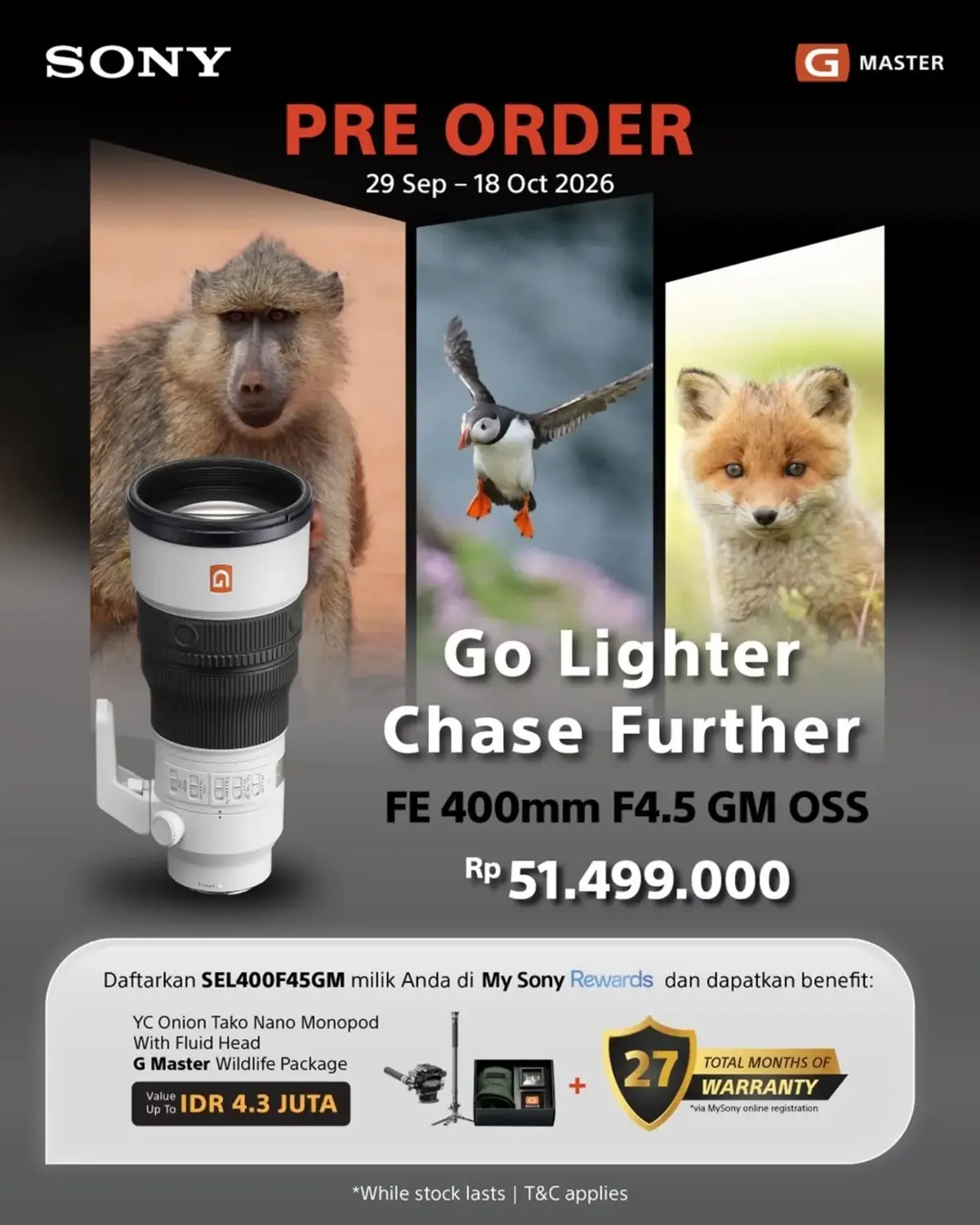 Sony FE 400mm F4.5 GM OSS Resmi Dibuka untuk Pre-order