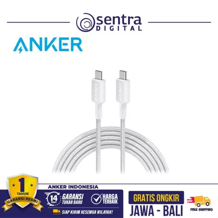 Kabel Charger Anker 322 USB Type C to USB Type C Cable 3ft Braided - A81F5 White