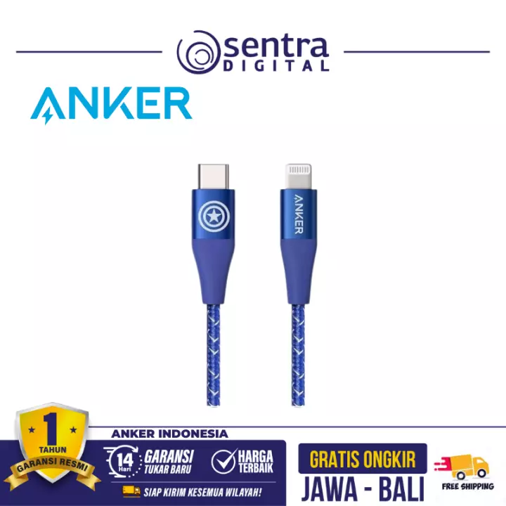 Kabel Charger Anker x Marvel PowerLine+ II USB Type C To Lightning 6ft - A9551 (Captain America)