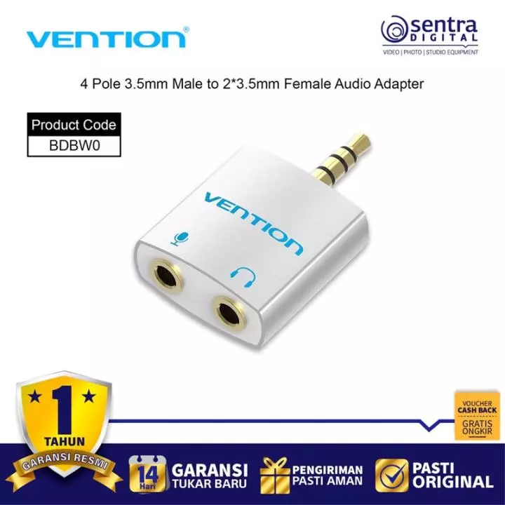Vention Spliter Adapter 4 Pole Audio Jack 3.5mm Male to 2 Female for Earphone & Microphone - BDBW0