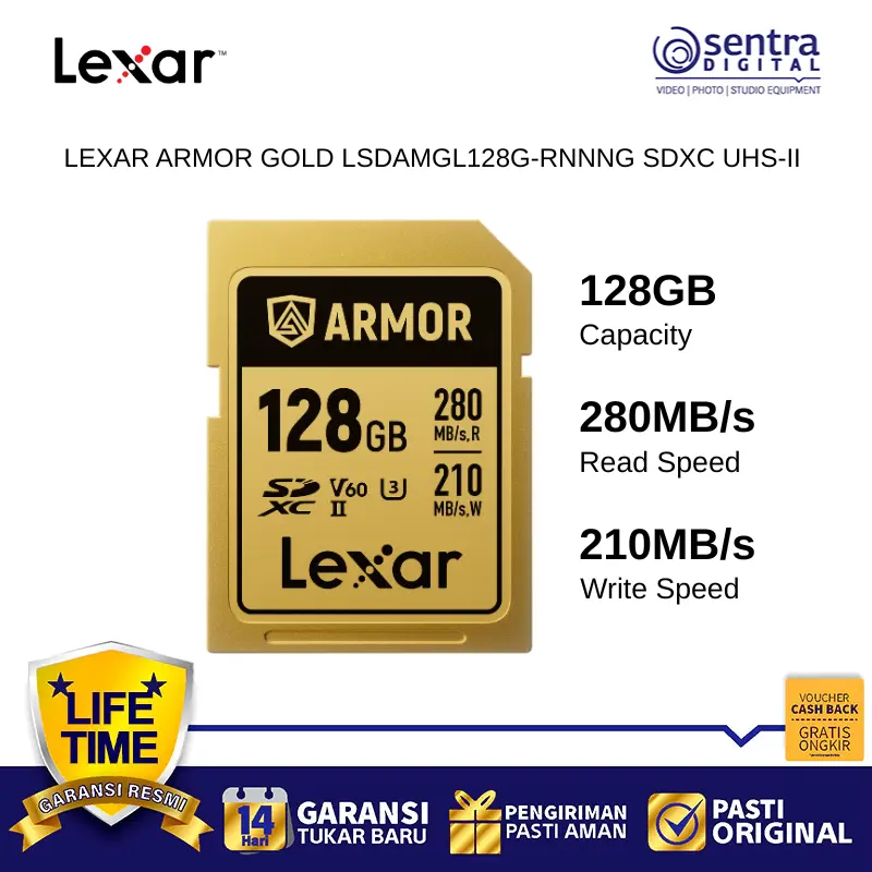Lexar V60 128GB Armor Gold SD Card SDXC UHS-II Fast Read Speed 280MB/s For 6K Video Production