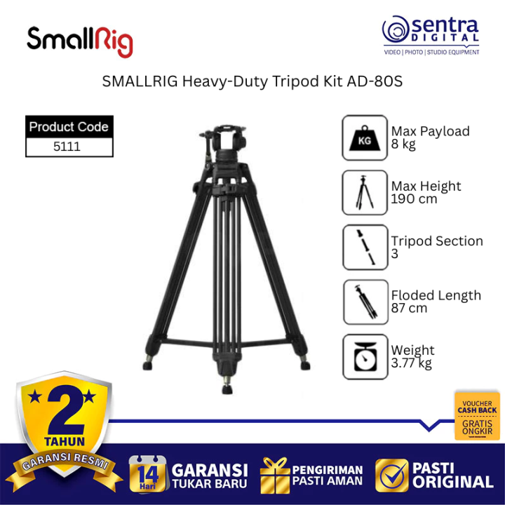 SMALLRIG AD-80S 5111 Heavy Duty Aluminum Fluid Head Video Tripod Stable Professional Photography