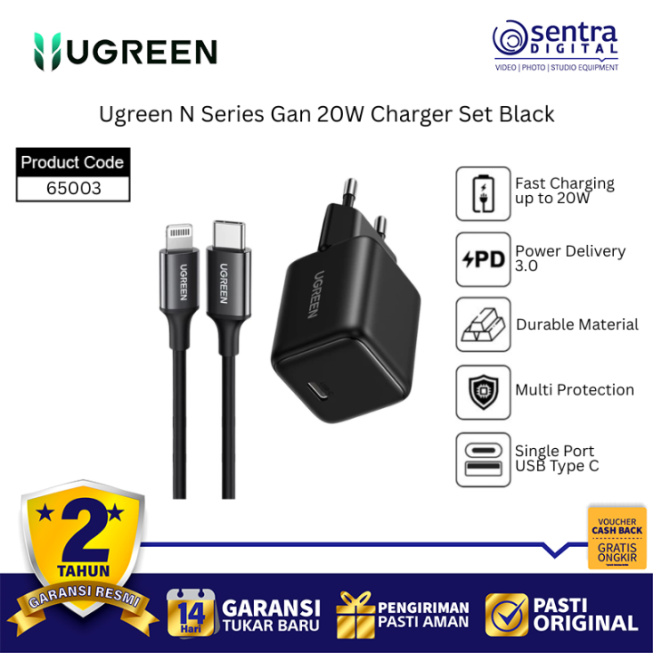 Ugreen 20W GaN Charger 65003 Black Fast & Safe Power Delivery USB-C Adapter for Phone and Tablet