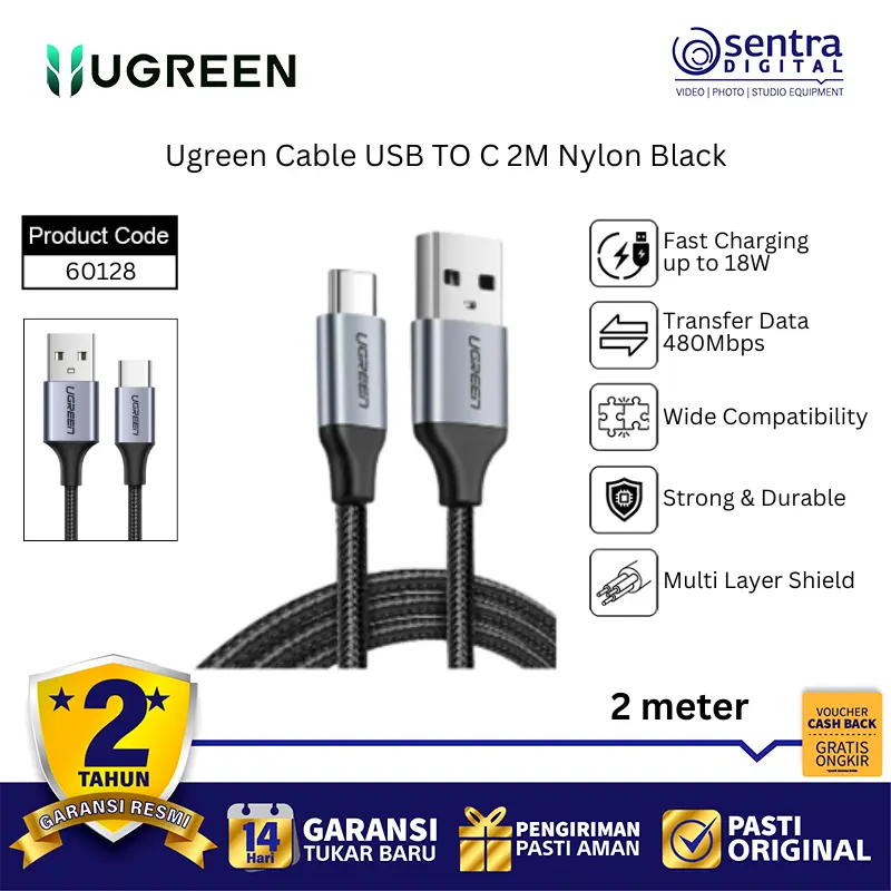 Ugreen USB Type C Cable 2M Black Nylon Fast Charging 3A Phone Charger Cord for Android