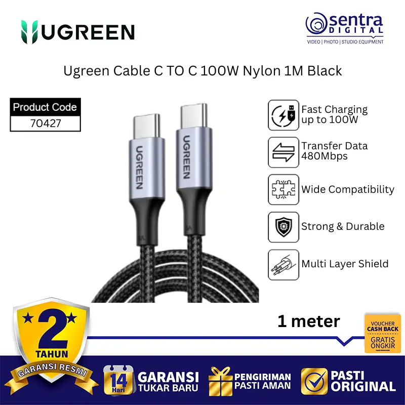 Ugreen USB C to C Charger Cable 100W 70427 Nylon Braided 1M Black Data Sync Heavy Duty