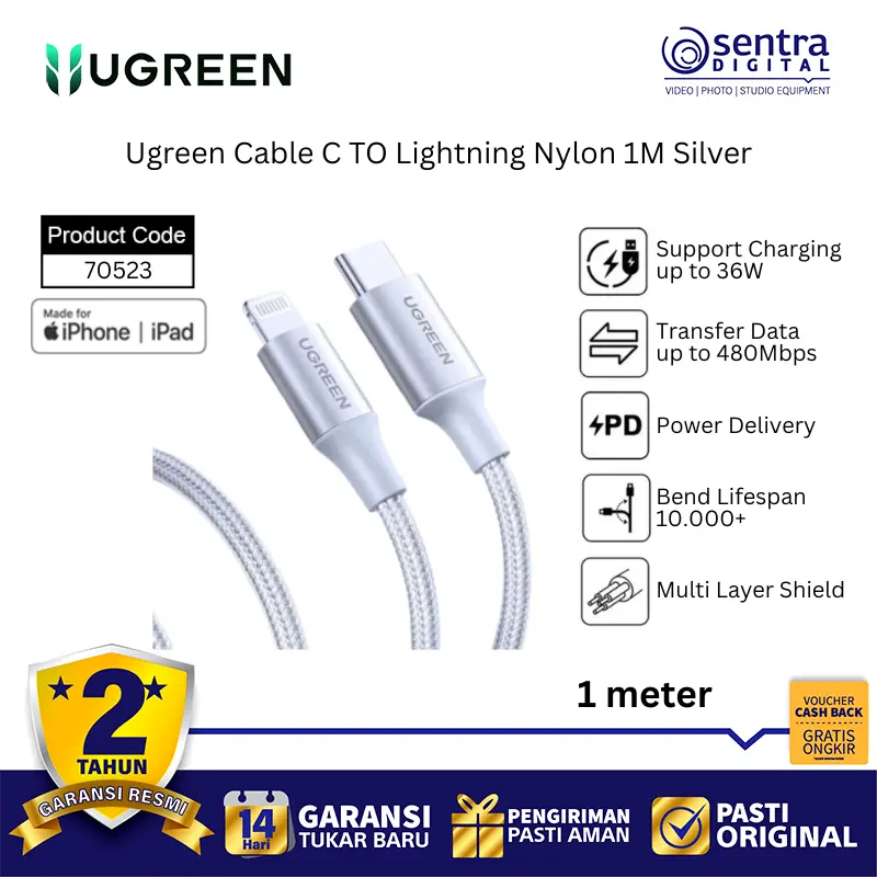 Ugreen Power Delivery PD Cable USB C to Lightning 1M 70523 Silver for Fast Charging iPhone iPad