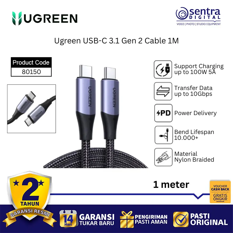 Ugreen USB-C 3.1 Gen 2 Cable 80150 1M SuperSpeed 10Gbps Data Transfer Power Delivery Sync