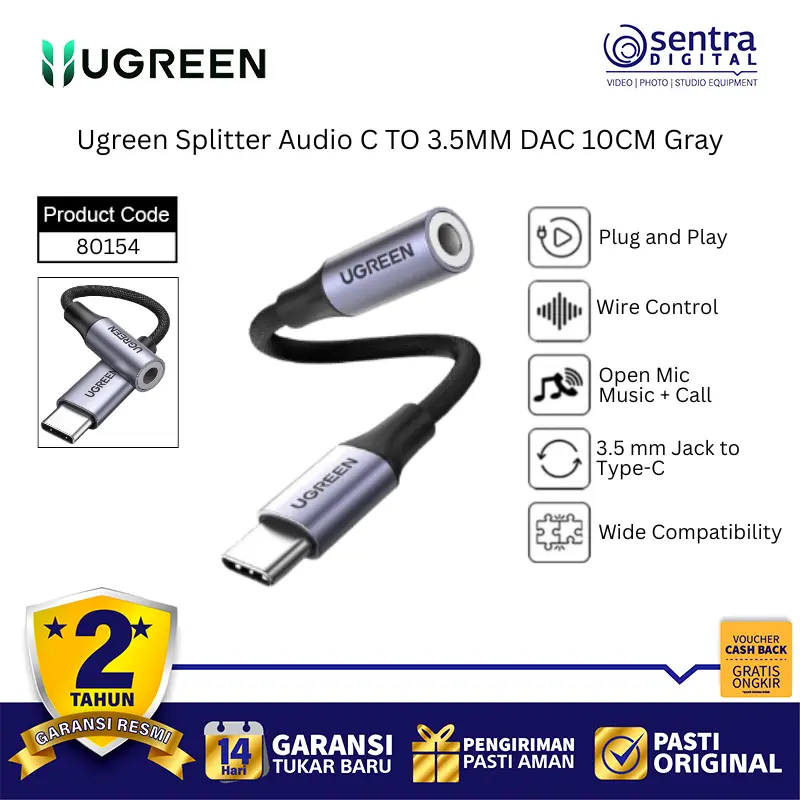 Ugreen 80154 USB C Audio Adapter with DAC Built-in Chip to 3.5mm Headphone Jack