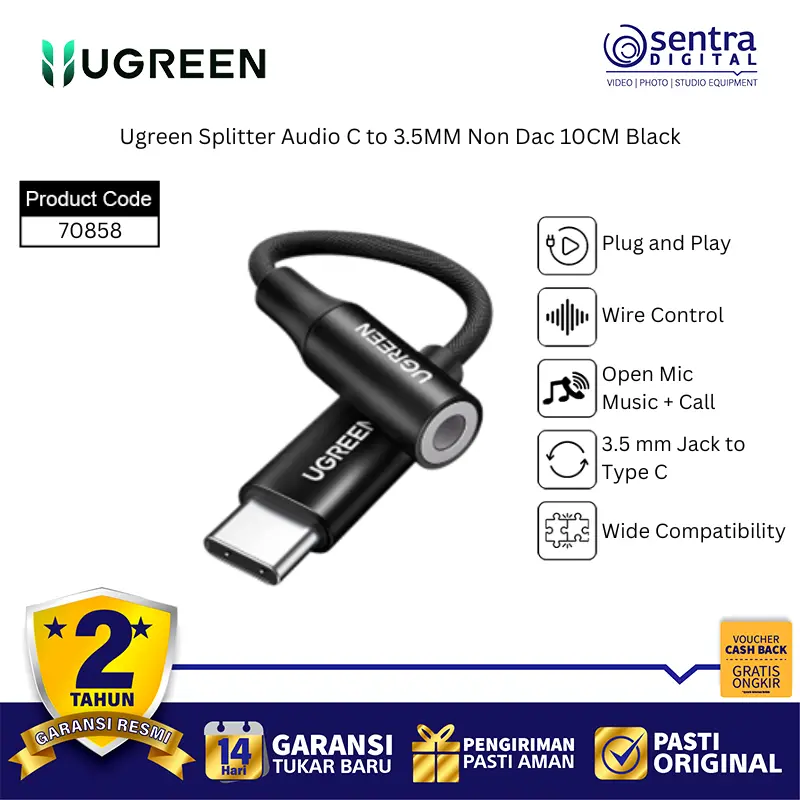 Ugreen 70858 Splitter Audio USB-C to 3.5mm Non DAC 10CM Black | Adapter Jack Headphone