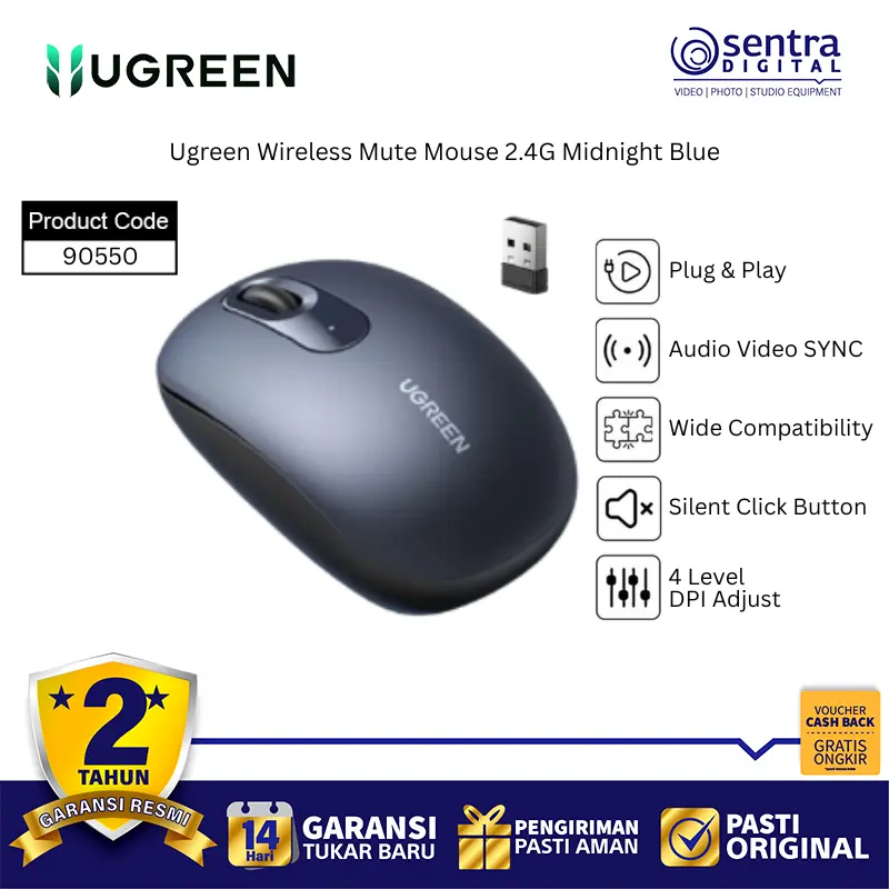 UGREEN Silent Mouse Wireless 2.4G 90550 Midnight Blue Adjustable DPI Mute Click Ergonomic for Office