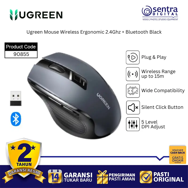 Ugreen Ergonomic Wireless Mouse Bluetooth 5.0 2.4G Dual Connection | 4000 DPI | Silent Click - 90855 Black