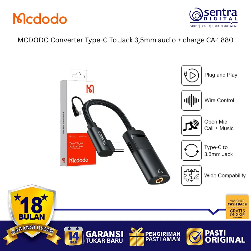 MCDODO Converter Type-C To Jack 3,5mm CA-1880 USB-C Audio Headphone Adapter Clear Sound