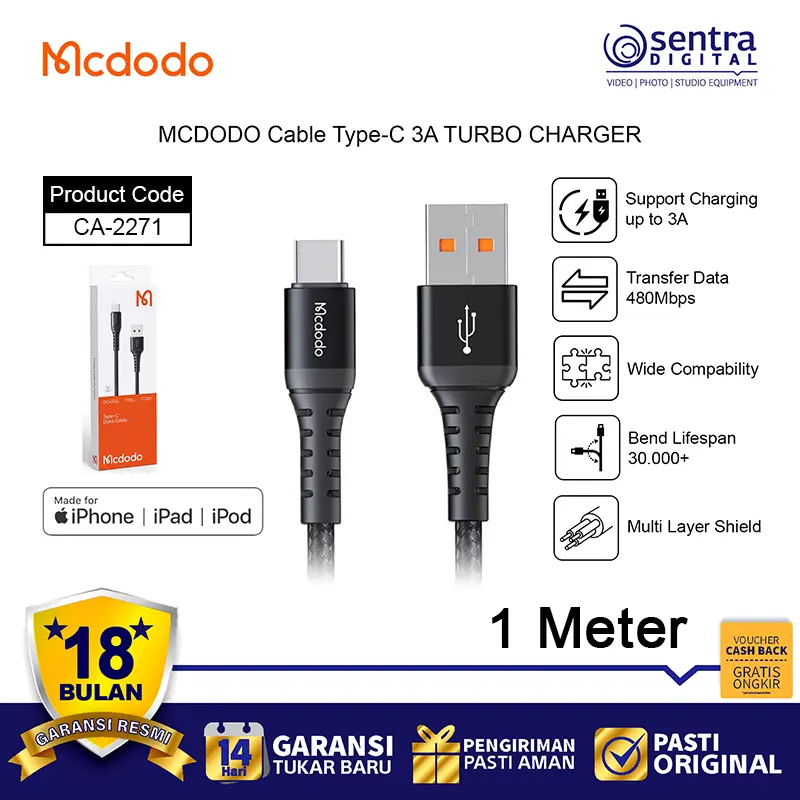MCDODO Kabel Data Type-C USB-C 3A 1 Meter Turbo Charger CA-2271 | Fast Charging Android Samsung Xiaomi Oppo Vivo
