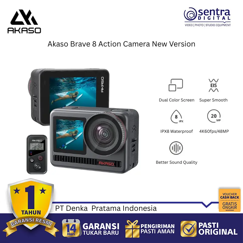 AKASO Brave 8 Action Cam New Version | Ultra HD 4K Vlog Camera EIS Stabilizer Front Rear Screen Original