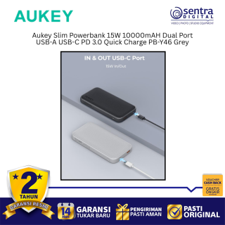 Aukey Slim Powerbank 15W 10000mAH Dual Port USB-A USB-C PD 3.0 Quick Charge PB-Y46 Grey