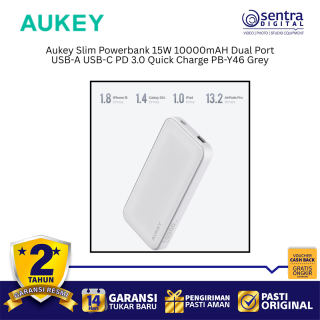 Aukey Slim Powerbank 15W 10000mAH Dual Port USB-A USB-C PD 3.0 Quick Charge PB-Y46 White