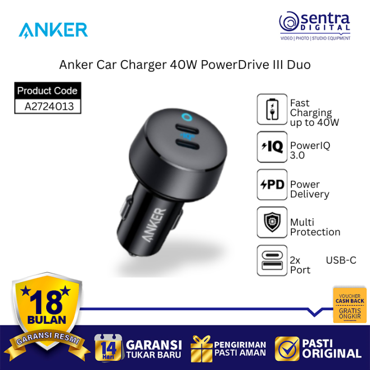 Anker Car Charger 40W PowerDrive III Duo Dual USB C Port Fast Charging PowerIQ 3.0