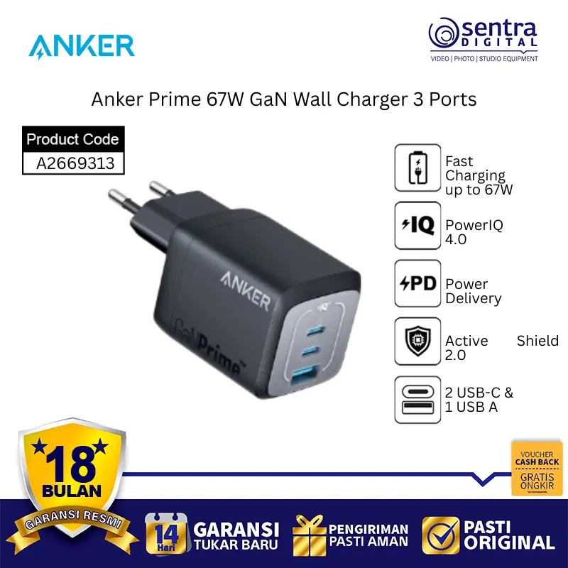 Anker Prime A2669313 Charger Wall 67W GaN 3 Port Fast Charging USB-C PPS iPhone MacBook