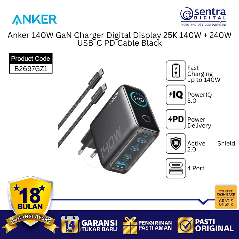 Anker B2697GZ1 140W GaN Wall Charger with Digital Display 25K Fast Charging PD 3.1 and 240W USB C Cable