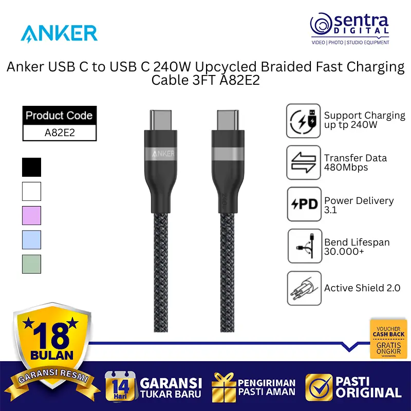 Anker A82E2 USB C Charging Cable 240W 3FT Power Delivery Upcycled Anti-Tangle Braided for Laptop Phone Tablet