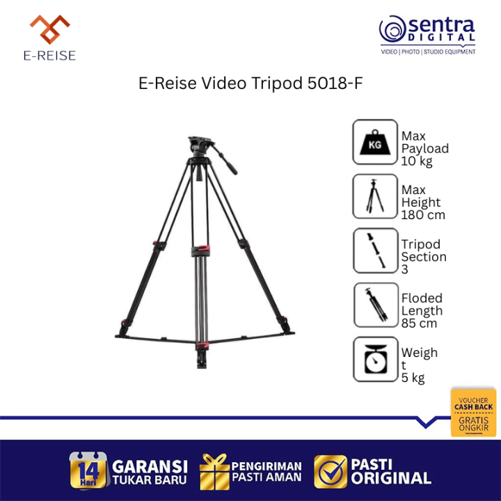 E-Reise 5018-F Professional Fluid Head Tripod Aluminum | Sturdy & Stable for Videography