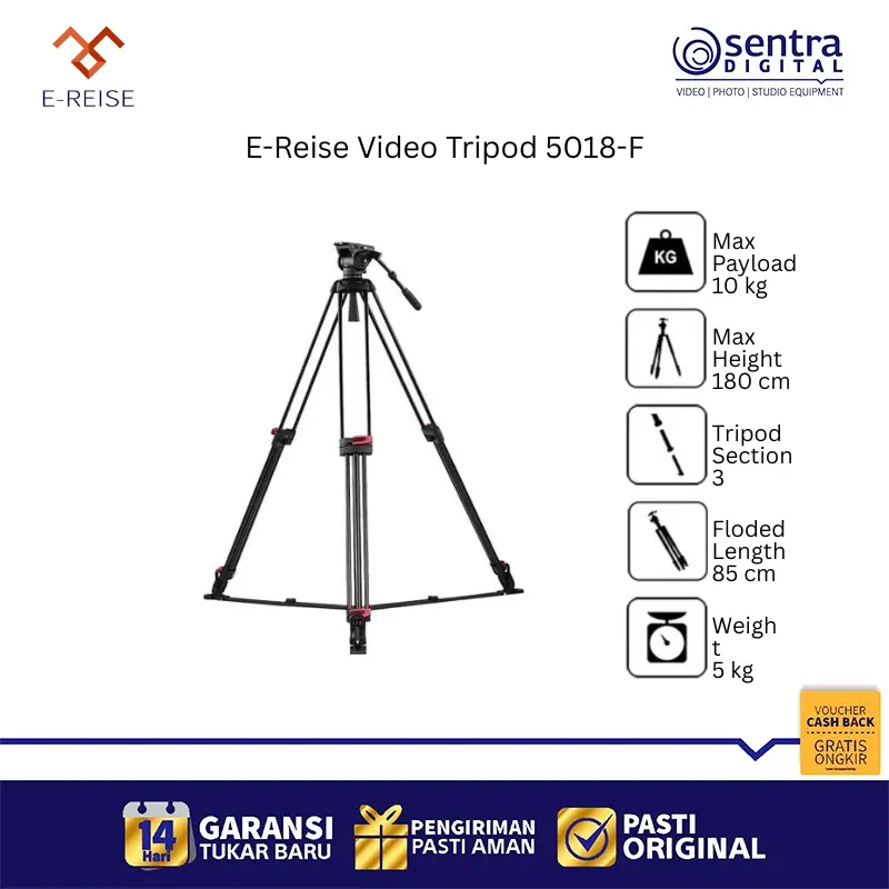 E-Reise 5018-F Professional Fluid Head Tripod Aluminum | Sturdy & Stable for Videography