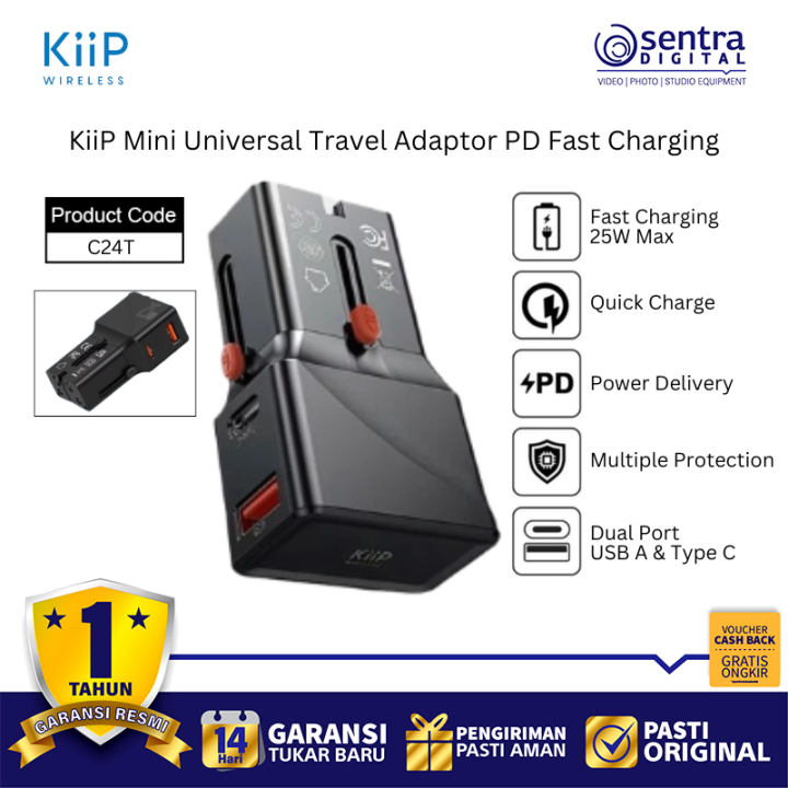 KiiP C24T International Travel Adapter Dual Port USB A USB C PD 20W Fast Charging