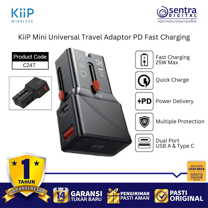 KiiP C24T International Travel Adapter Dual Port USB A USB C PD 20W Fast Charging