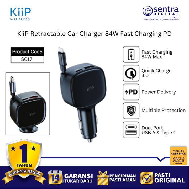 KiiP SC17 84W Retractable Car Charger Automatic Cable Fast Charging PD Dual USB C Ports