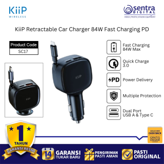 KiiP SC17 84W Retractable Car Charger Automatic Cable Fast Charging PD Dual USB C Ports