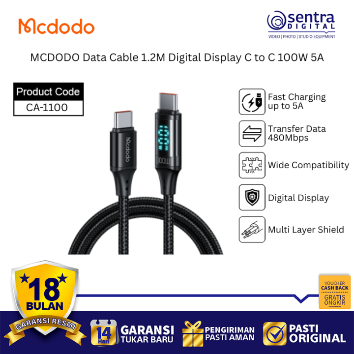 MCDODO CA-1100 100W 5A USB C Cable with Digital Display C to C for Fast Charging & Data Sync