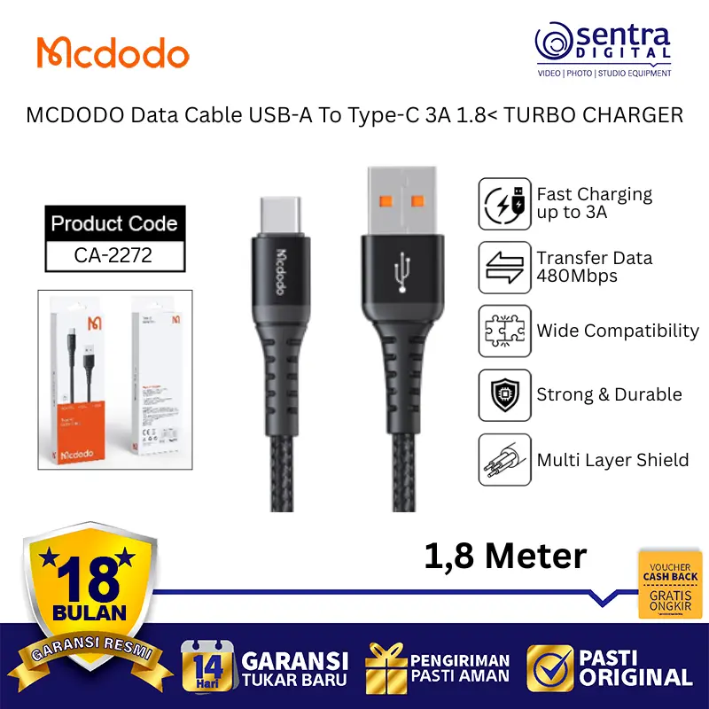 MCDODO CA-2272 USB A to Type C Cable 1.8M Turbo Charger 3A Fast Charging Durable