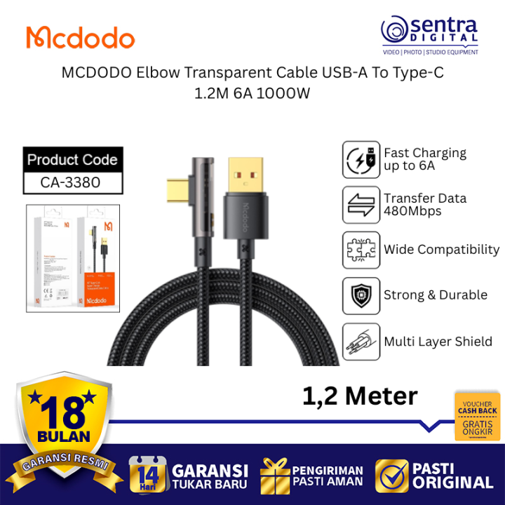 MCDODO Type-C Elbow Cable 1.2M Transparent Gaming Phone Fast Charger 100W 6A Durable