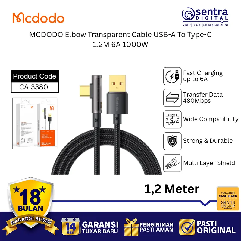 MCDODO Type-C Elbow Cable 1.2M Transparent Gaming Phone Fast Charger 100W 6A Durable