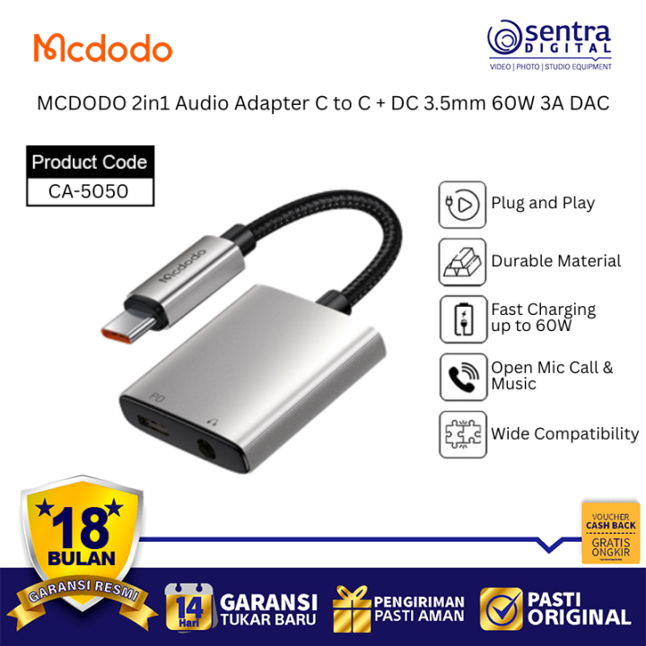 MCDODO CA-5050 USB C Adapter 2in1 Audio Splitter 60W PD Fast Charging Headset Jack Type C
