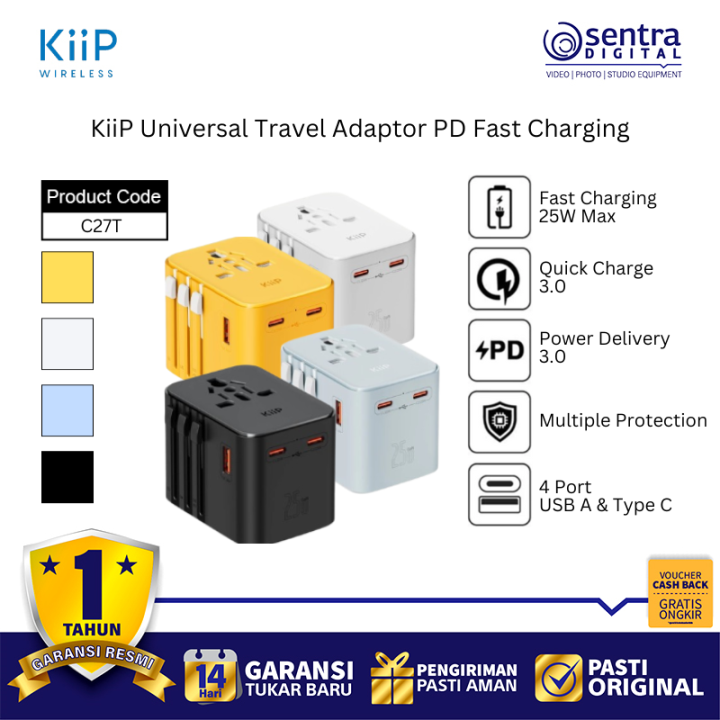 KiiP C27T Universal Travel Adapter 20W PD Fast Charging with Multi-USB Ports International Charger