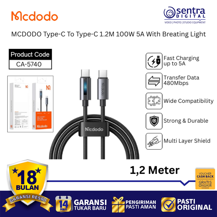MCDODO Original CA-5740 Type-C to Type-C Cable 100W 5A Fast Charging Gaming Cable with LED Light