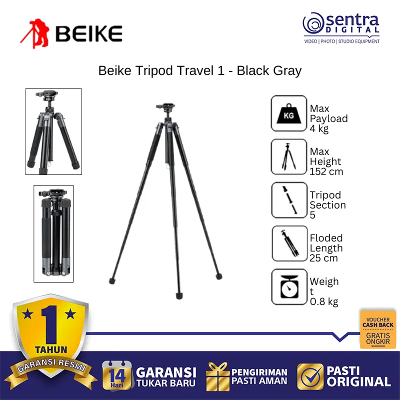 Beike Travel 1 Monopod Tripod with Ball Head Quick Release Plate Black Gray