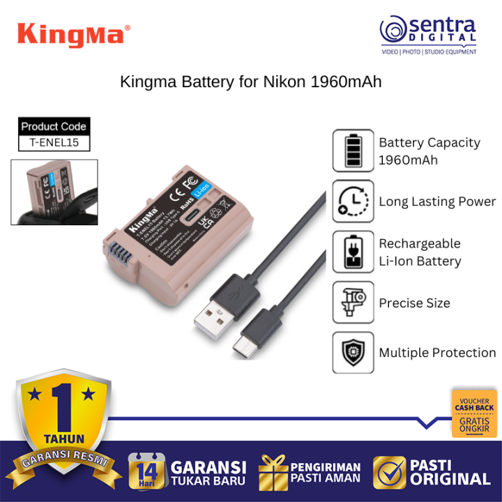 Kingma T-ENEL15 Camera Battery 1960mAh USB-C Fast Charging for Nikon Z7 Z6 Z5 D850 D7500