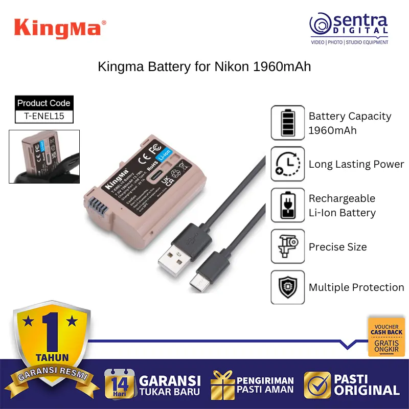 Kingma T-ENEL15 Camera Battery 1960mAh USB-C Fast Charging for Nikon Z7 Z6 Z5 D850 D7500