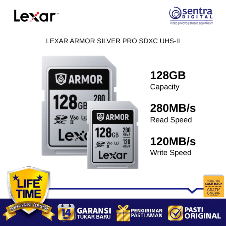 Lexar 128 GB Armor Silver UHS II V60 U3 Class 10 SDXC Memory Card 128GB Read Speed 280 MB/s Write 120 Mbps