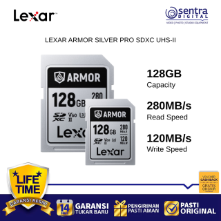 Lexar 128 GB Armor Silver UHS II V60 U3 Class 10 SDXC Memory Card 128GB Read Speed 280 MB/s Write 120 Mbps
