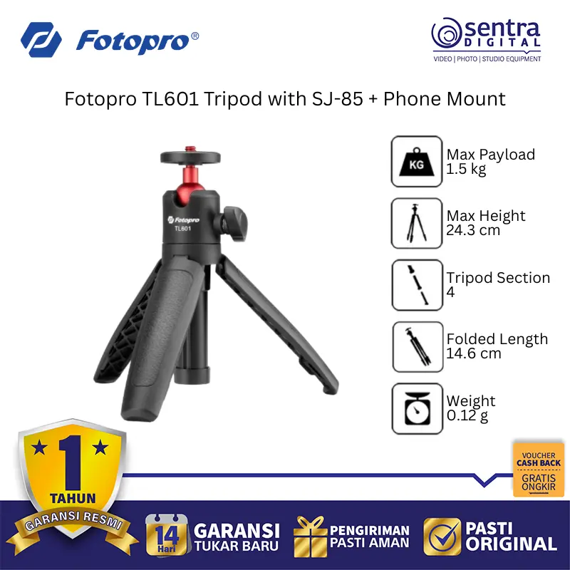 Fotopro TL601 Tripod with SJ-85- Phone Mount – Sleek Black