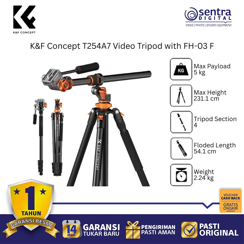 K&F Concept T254A7 Video Tripod with FH-03