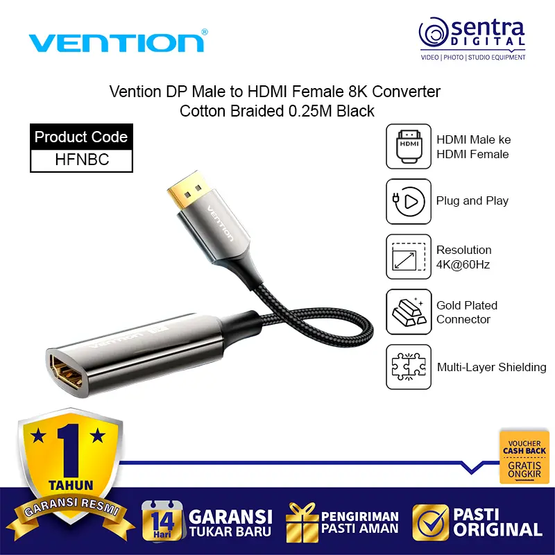 Vention Cotton Braided DP Male to HDMI Female 8K Converter 0.25M Black Zinc Alloy Type HFNBC