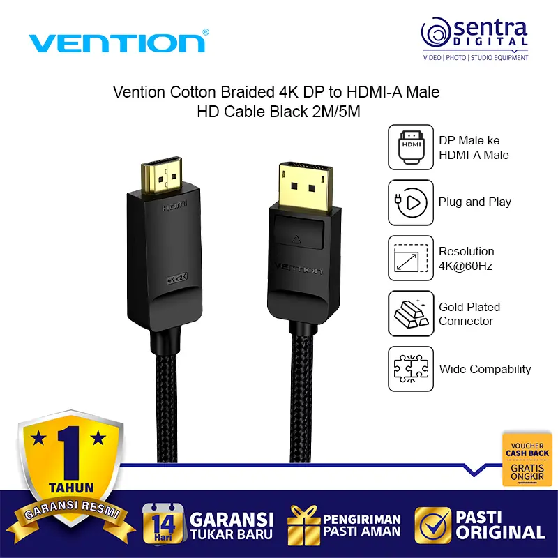 Vention Cotton Braided 4K DP Male to HDMI-A Male HD Cable 5M Black HFKBJ