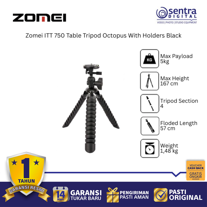 Zomei ITT 750 Table Tripod Octopus With Holders Black