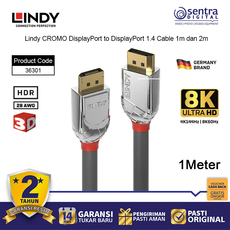 Lindy CROMO DisplayPort to DisplayPort 1.4 Cable 2m - 36302