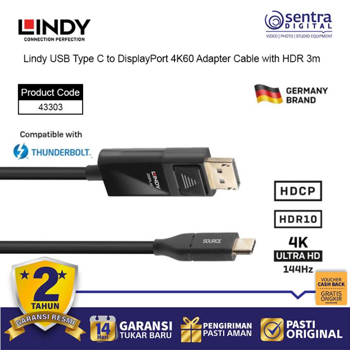 Lindy USB Type C to DisplayPort 4K60 Adapter Cable with HDR 3m - 43303